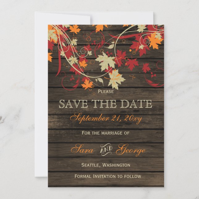 Save The Date Barn Wood Rustic Fall Leaves Mariage enregistrer l (Devant)