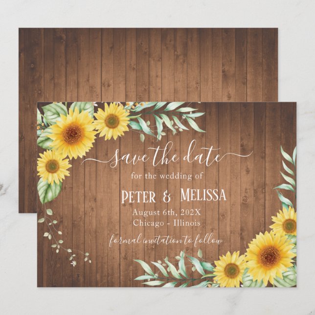 Save the Date Barn Wood Sunflower Ankündigung (Vorne/Hinten)