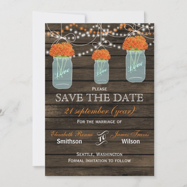 Save The Date Barnwood mason jarres fleurs orange enregistrer la (Devant)