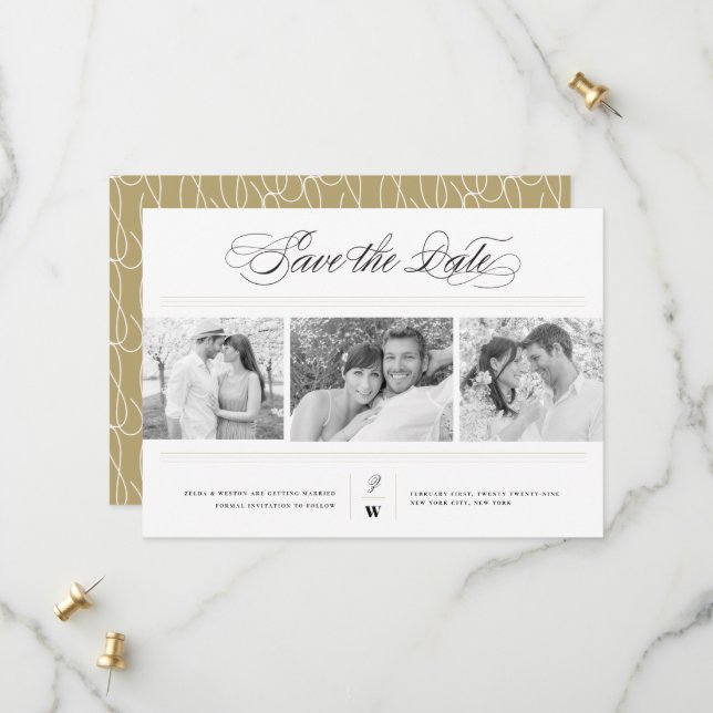 Save The Date Bars Classiques Monogramme Moderne 3 Mariage Multi (Devant/Arrière en situation)