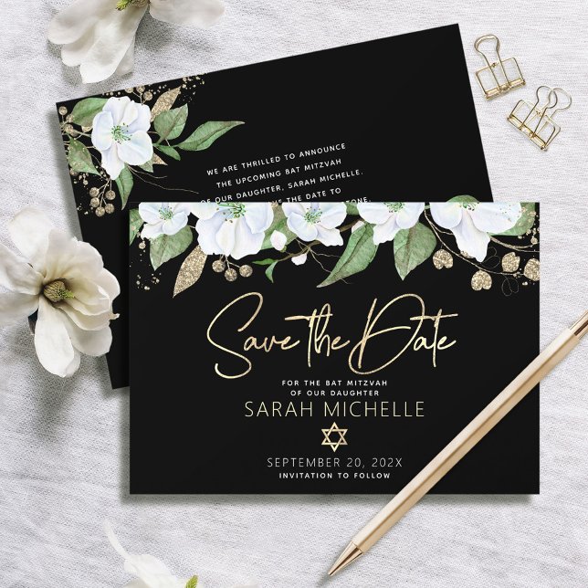 Save The Date Bat mitzvah Black Gold Script Aquarelle Floral (Créateur téléchargé)