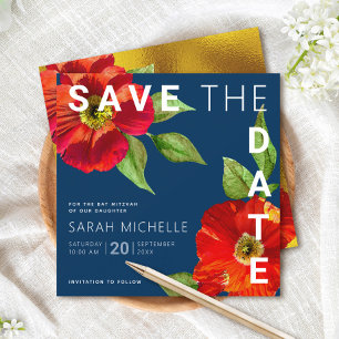 Save The Date Bat mitzvah bleu marine Carré d'aquarelle rouge Fl