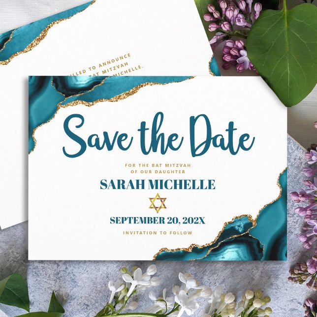 Save The Date Bat Mitzvah Moderne Turquoise Or Agate Script (Créateur téléchargé)