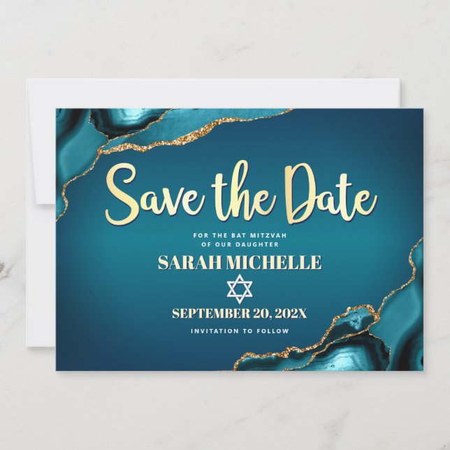 Save The Date Bat mitzvah Turquoise Agate Ombre Gold Script chic (Devant)