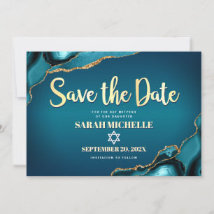 Save The Date Bat mitzvah Turquoise Agate Ombre Gold Script chic
