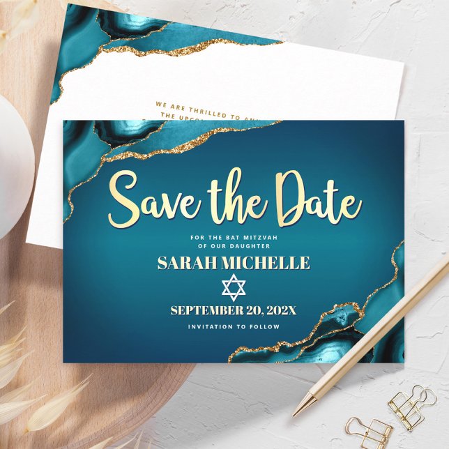Save The Date Bat Mitzvah Turquoise Agate Ombré Or Script Chic (Créateur téléchargé)