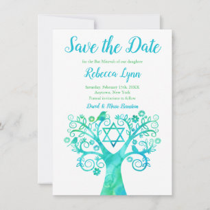 Save The Date Bat mitzvah turquoise d'aquarelle verte Arbre de v