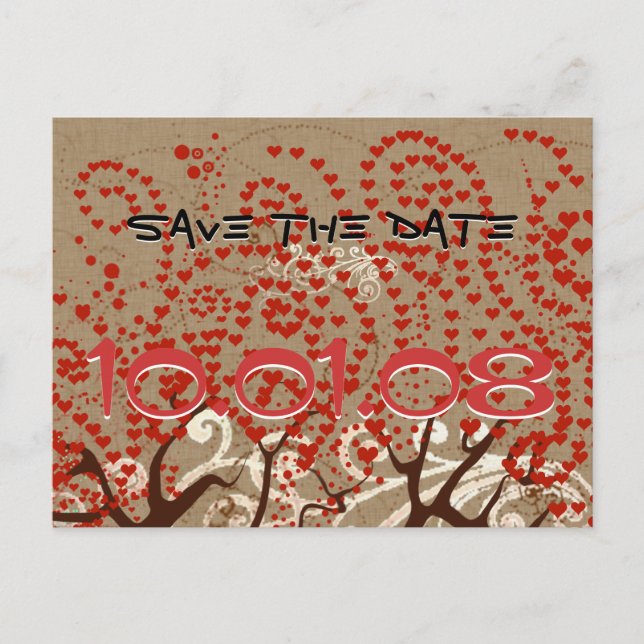 Save the Date - Bäume mit Wirbel des Roten Herzens Ankündigungspostkarte (Vorderseite)