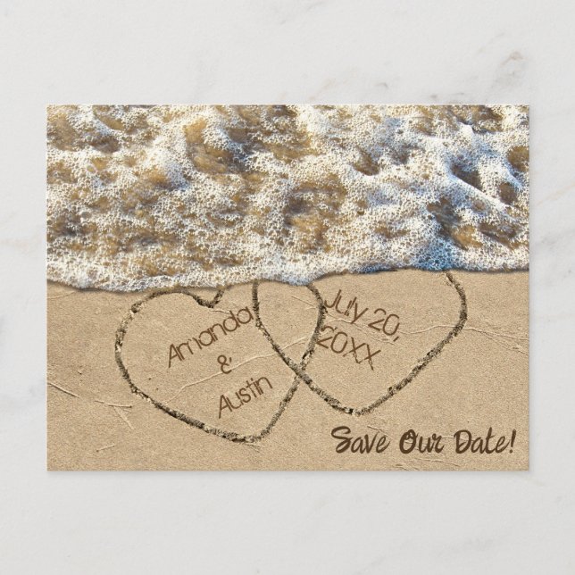 Save the Date Beach Hearts Ankündigungspostkarte (Vorderseite)
