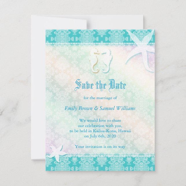 Save The Date Beach Seahorse Aqua Wedding Enregistrer la date (Devant)