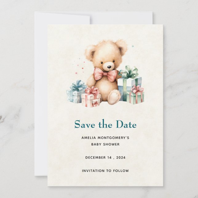 Save The Date Bear en peluche mignonne avec Baby shower présent (Devant)