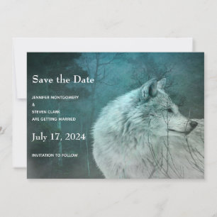 Save The Date Beau loup gris dans un Mariage de forêt foncée