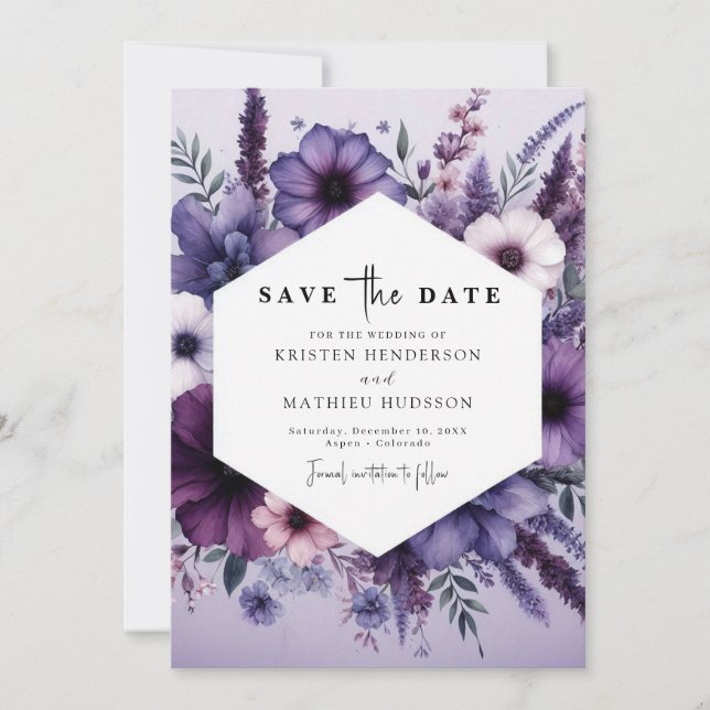 Save The Date Beau Mariage floral pourpre en fleur (Devant)