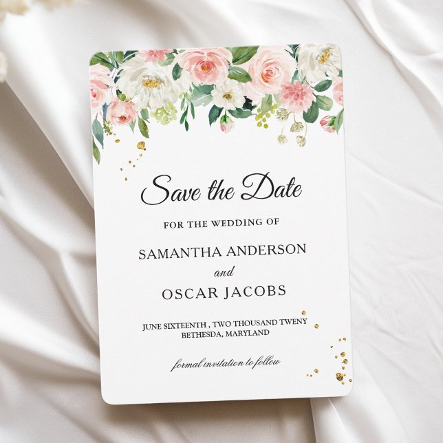 Save The Date Beauté Fleurs Aquarelle Rose Moderne & Gouttes Dor (Créateur téléchargé)