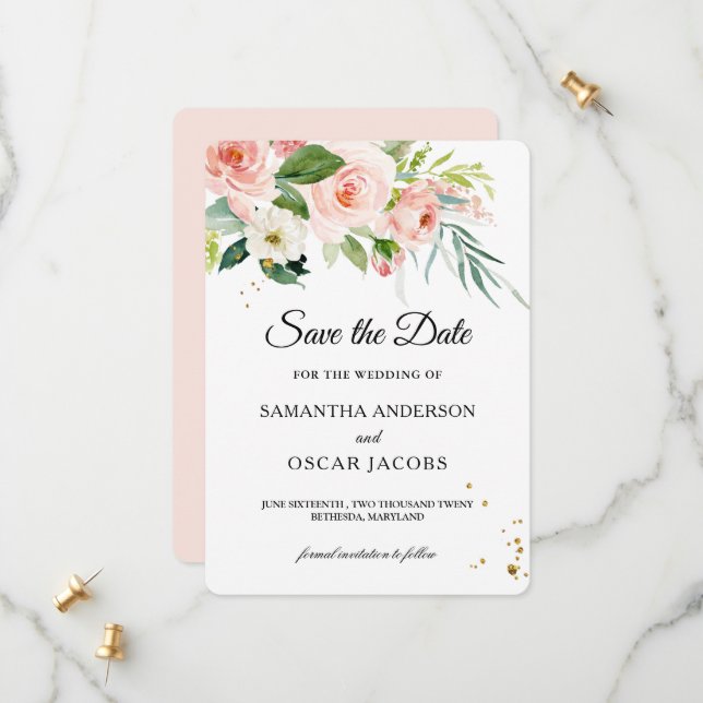 Save The Date Beauté Fleurs & Feuilles Aquarelle Rose Moderne (Devant/Arrière en situation)