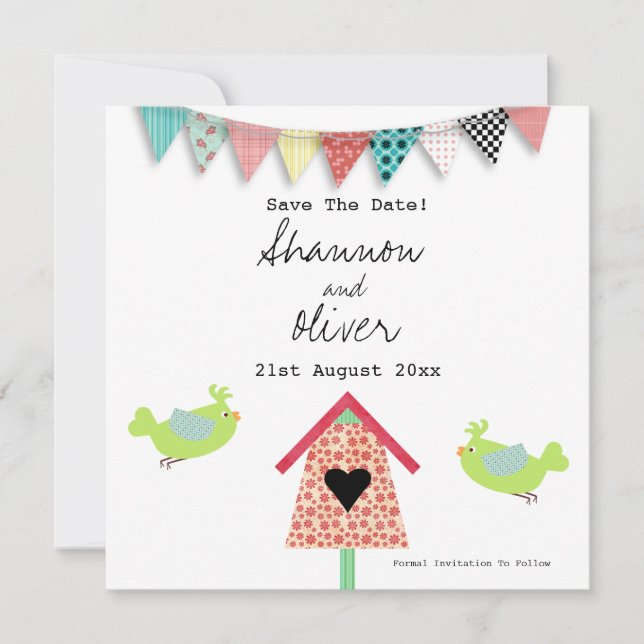Save The Date Beaux Oiseaux Whimsical Et Birdhouse Enregistrer L (Devant)