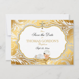 Save The Date Bébé Baptême Garçon Enregistrer Date Gold Cross