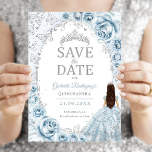 Save The Date Bébé Bleu Argent Fleur Quinceanera