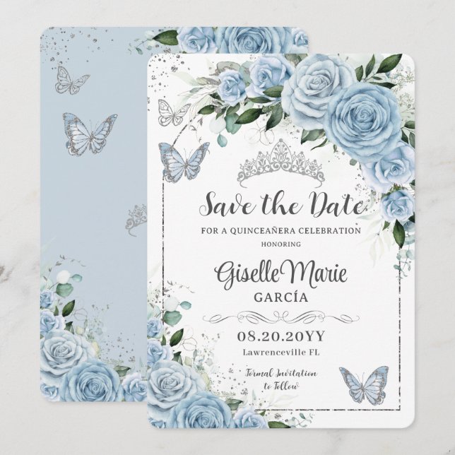 Save The Date Bébé Bleu Floral Argent Quinceañera Papillons (Devant / Derrière)