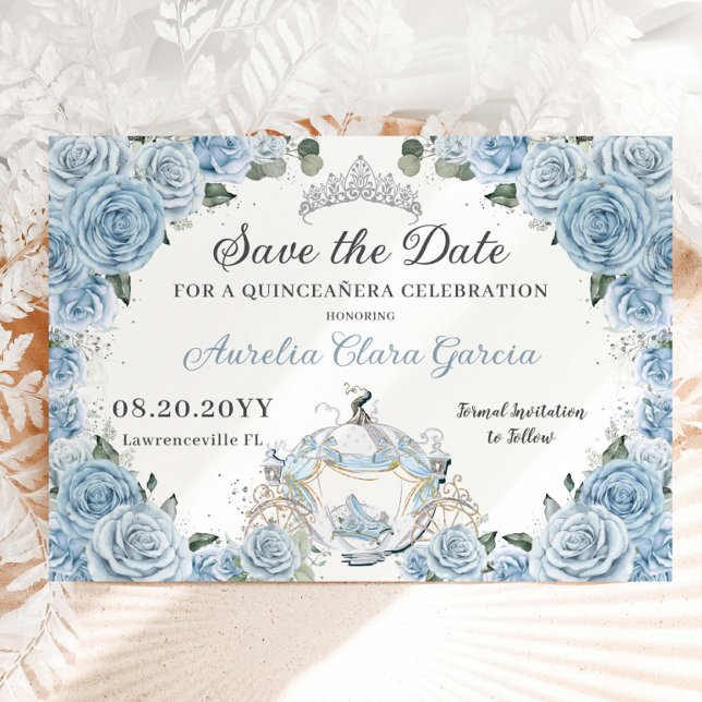 Save The Date Bébé Bleu Floral Cendrillon Quinceañera Doux 16 (Créateur téléchargé)