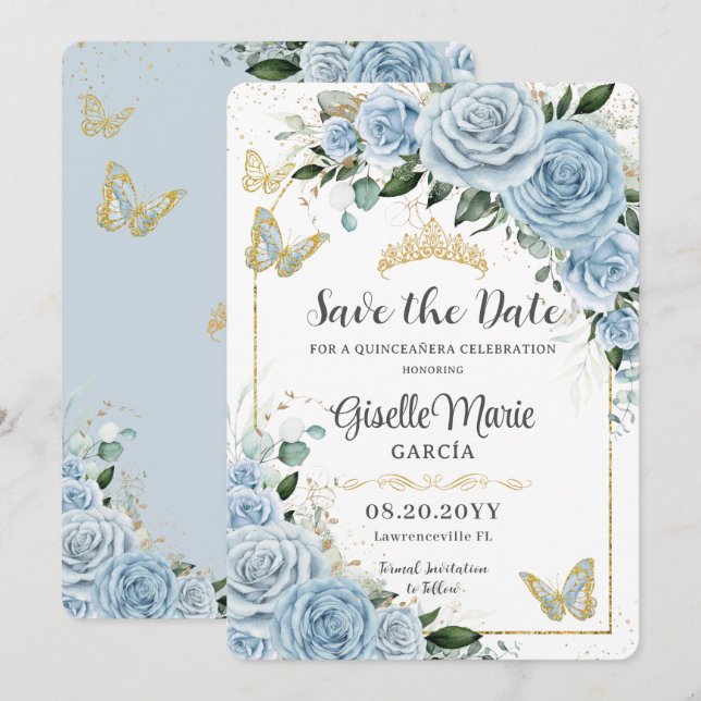 Save The Date Bébé Bleu Floral Or Quinceañera Papillons Arch (Devant / Derrière)