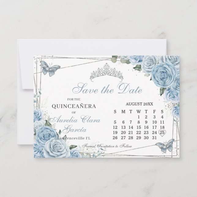 Save The Date Bébé bleu Floral Quinceanera Sweet 16 Calendrier (Devant)