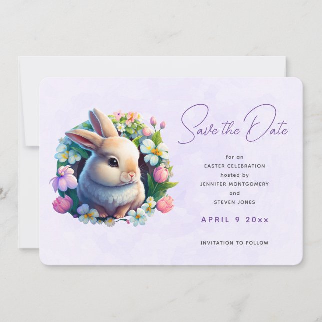 Save The Date Bébé lapin dans les fleurs de printemps Économisez (Devant)