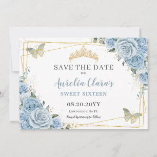 Save The Date Bébé Sweet sixteen Floral Bleu Quince Papillons