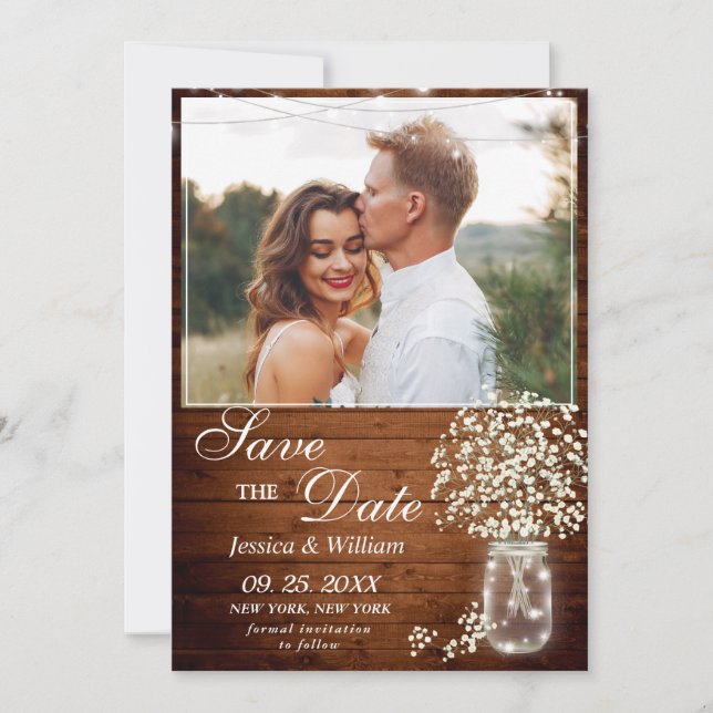 Save The Date Bébé's Breath Mason Jar Rustic Photo Mariage (Devant)