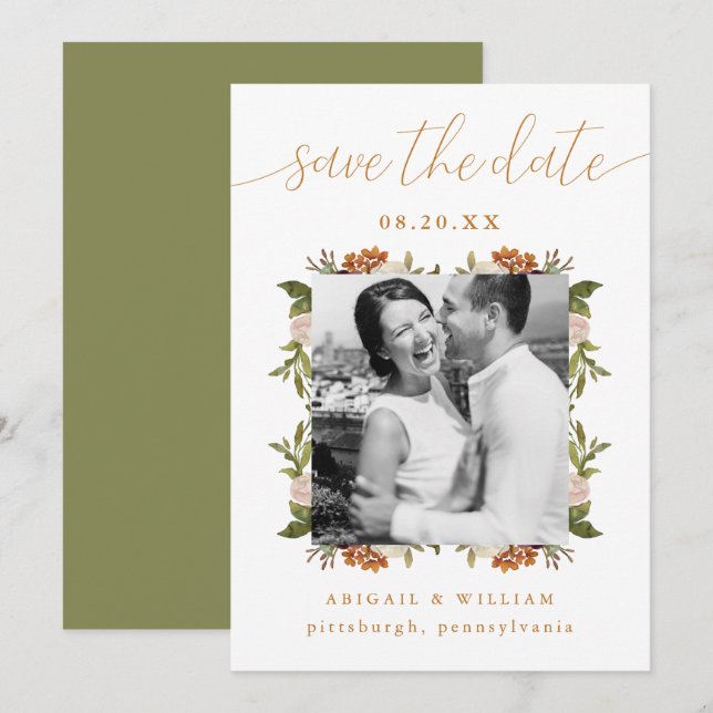 Save The Date Belle aquarelle Cadre photo Mariage vert (Devant / Derrière)
