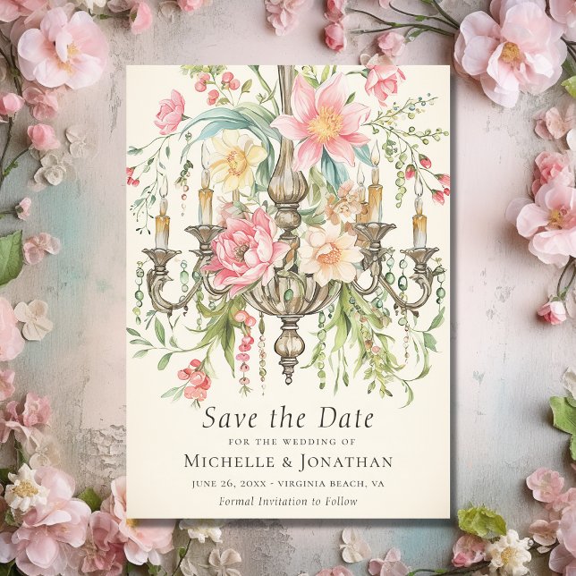 Save The Date Belle aquarelle Mariage de lustre Floral (Front - Beautiful Watercolor Floral Chandelier Wedding Save The Date)