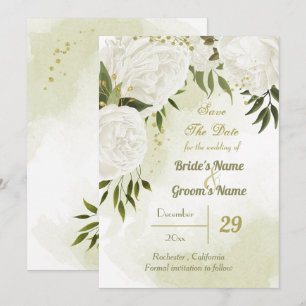 Save The Date belle fleurs blanches vert feuille botanique