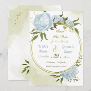 Save The Date belle fleurs bleues vert feuille couronne