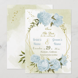 Save The Date belle fleurs bleues vert feuille géométrique