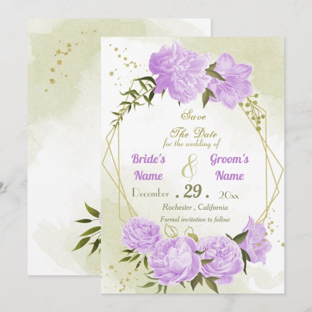 Save The Date belle fleurs violettes vert feuille géométrique (Devant / Derrière)