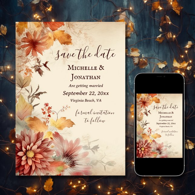 Save The Date Belles fleurs d'automne automne automne Mariage fl (Printed and Digital - Beautiful Autumn Flowers Fall Floral Wedding Save The Date)