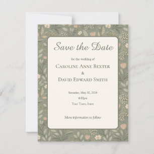 Save The Date Belles Fleurs Douces sur Fond Vert Sauge Terne et