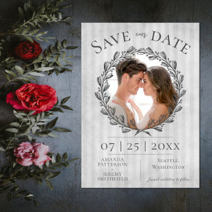 Save The Date Berry Wreath et Stripes Photo   Gris
