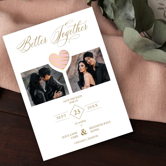 Save The Date Better Together Quote Pink Golden Heart 2 Photos (Créateur téléchargé)