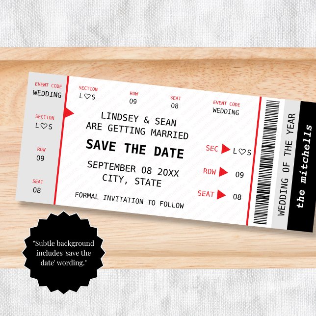 Save The Date Billet de concert Musique en live Mariage Unique (Concert Ticket Music Gig Unique Wedding Save The Date)