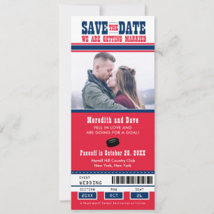 Save The Date Billet de hockey bleu rouge Mariage Enregistrer la
