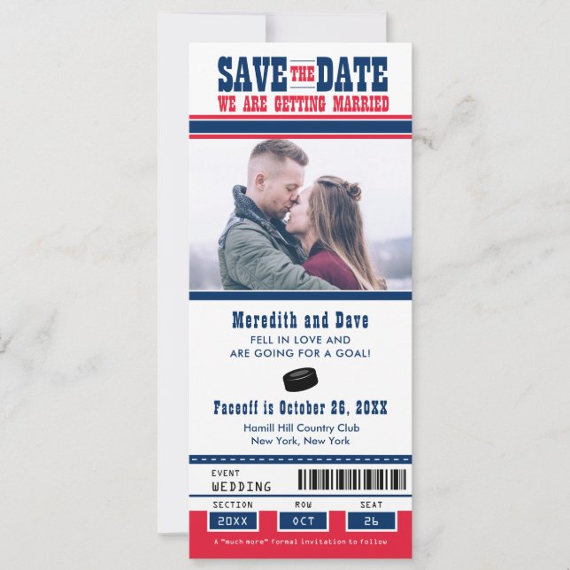 Save The Date Billet de hockey bleu rouge pour mariage, enregist (Devant)