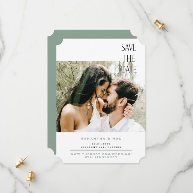Save The Date Billet simple Sage Photo Couple Enregistrer la dat (Devant/Arrière en situation)