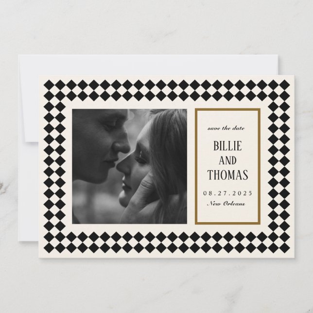 Save The Date Black and Gold on Ivory Checkerboard Border Jazz (Devant)