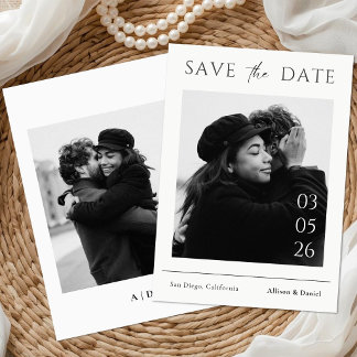 Save The Date Black And White Minimal Typography Photo Wedding