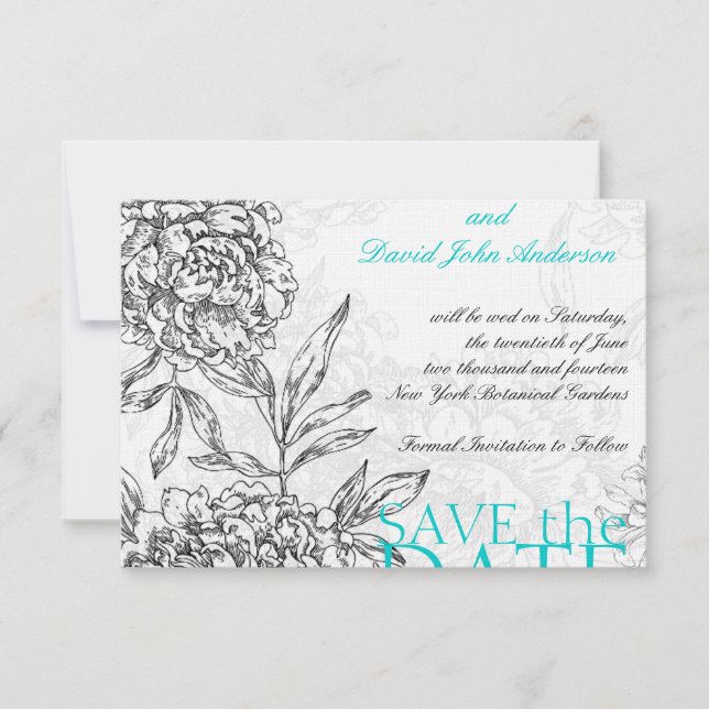 Save The Date Black Aqua Bleu Élégant Floral Enregistrer Les Car (Devant)