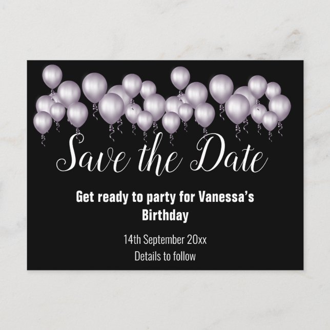 Save the Date Black Balloons Alle Mitleidenschaft Ankündigungspostkarte (Vorderseite)