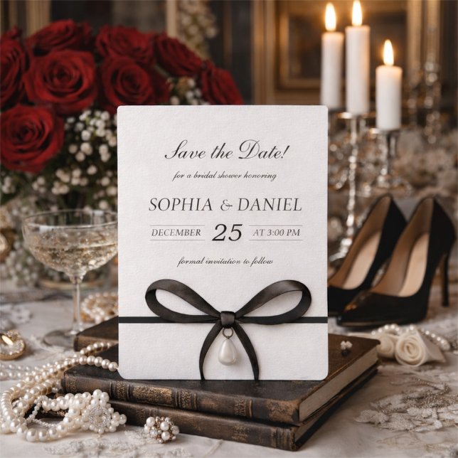 Save The Date Black Bow With Pearl Old Money Style Bridal Shower (Black Bow With Pearl Old Money Style Bridal Shower Save The Date)
