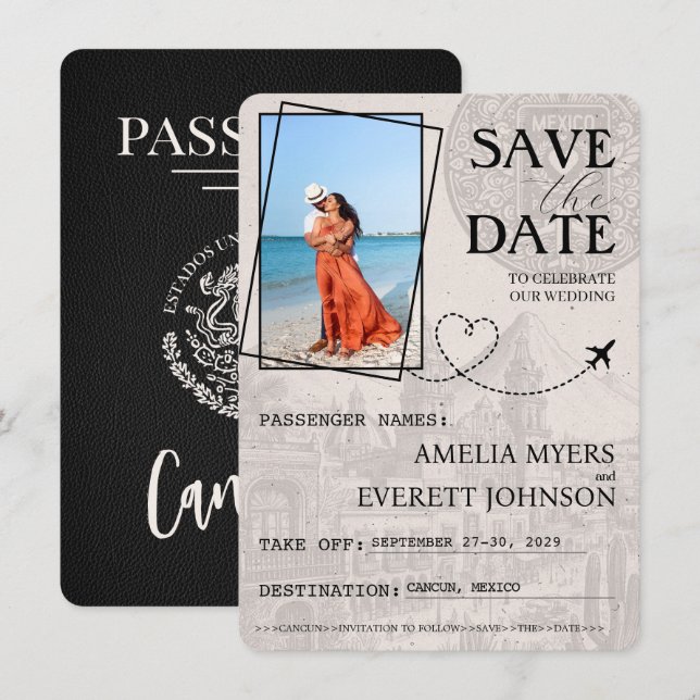 Save The Date Black Cancun Passport Enregistrer La Date (Devant / Derrière)