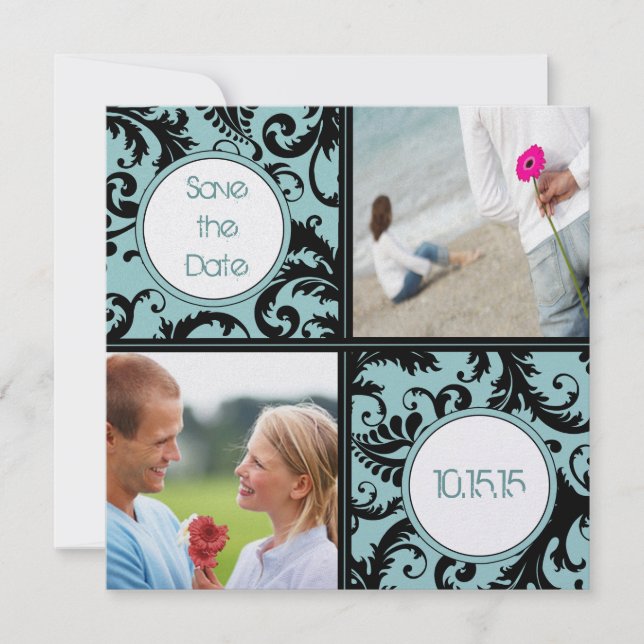 Save The Date Black Damask sur Aqua Wedding Enregistrer la date (Devant)